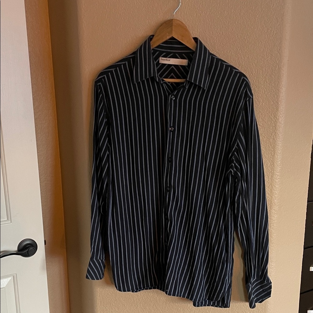 Perry Ellis Long Sleeve Blue Striped Men's Button Down Shirt Size M